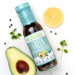 Primal Kitchen avocado oil bottle pairs with keto-friendly dressings for clean fats.