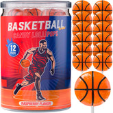 Primary Colors Candy basketball lollipop wrapped, a bite-sized sports treat for party favors.