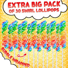 Primary Colors Candy multifruit rainbow swirl lollipops ideal for gift bags and celebrations.