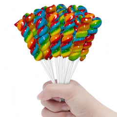 Primary Colors Candy rainbow twist lollipops add vibrant party decor and favors.