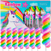 Primary Colors unicorn lollipops with rainbow swirl, ideal for unicorn party favors and goodie bags.