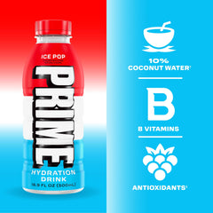 PRIME Hydration Ice Pop glass hero shows premium hydration ready-to-drink.