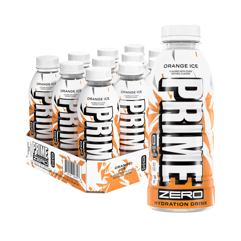 Prime Zero Orange Ice bottle front view highlighting zero sugar and electrolytes for quick hydration.
