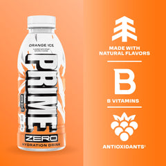 Prime Zero Orange Ice 12-pack shown for on-the-go hydration during sports and travel.