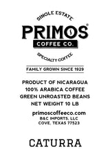 Primos Coffee Co. shade-grown micro-lot beans ready for careful roasting.