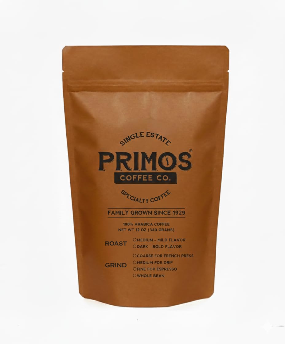Primos Coffee Co. coarse-ground for French press delivering rich, full-bodied brew.