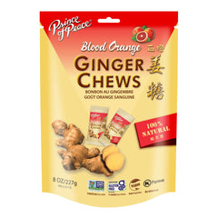 Prince of Peace Blood Orange Ginger Chews in individually wrapped bites for on-the-go flavor and stomach comfort.