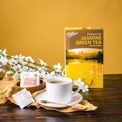 Prince of Peace Jasmine Green Tea dried leaves close-up, fragrant and fresh