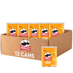 Pringles Cheddar Cheese cans stacked for easy grab-and-go snacking.