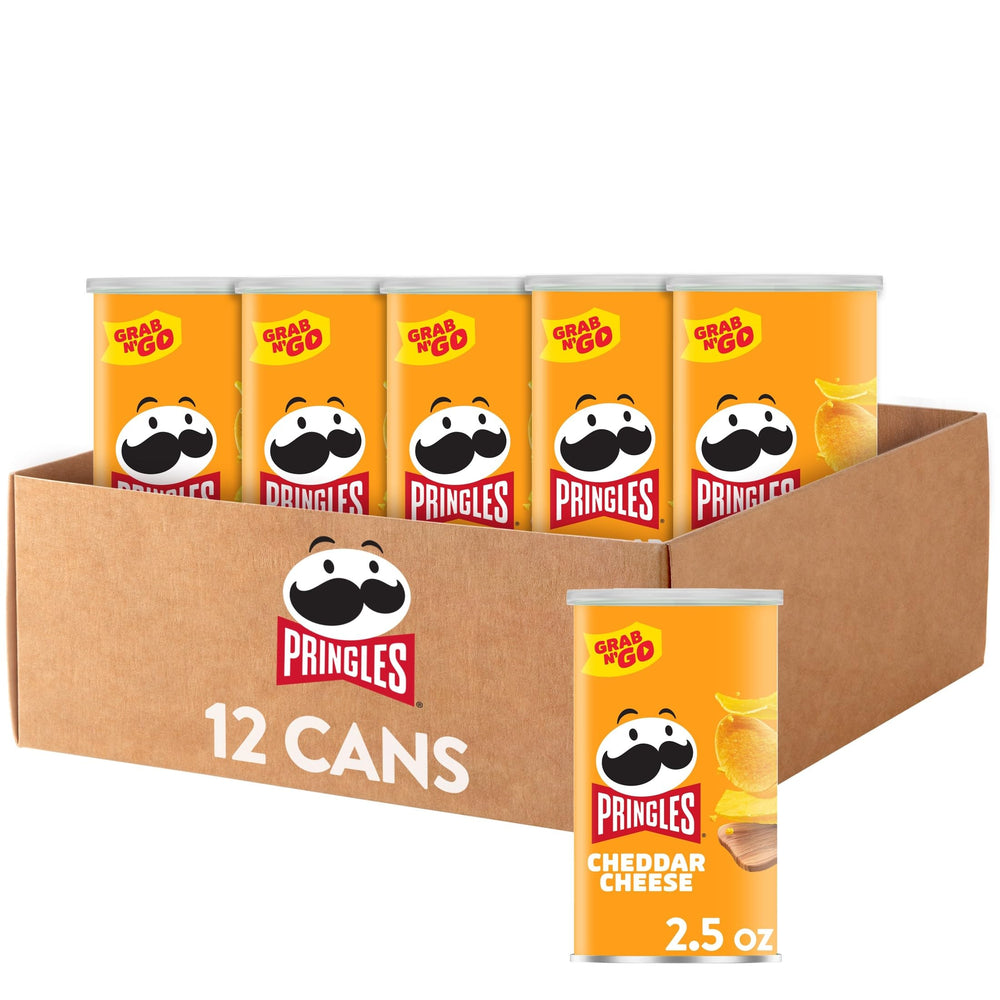 Pringles Cheddar Cheese crisps in a can for convenient snacking on the go