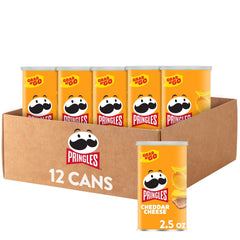 Pringles Cheddar Cheese crisps in a can for convenient snacking on the go