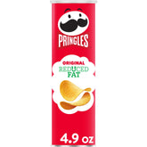 Pringles Reduced Fat can front view, convenient on-the-go snack for busy days.