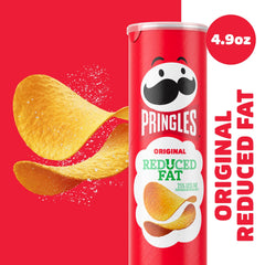 Pringles Reduced Fat open can showcase, ready-to-snack packaging preserves freshness.