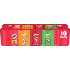 Pringles variety pack 10 cans closeup, convenient stackable snacking for quick cravings.
