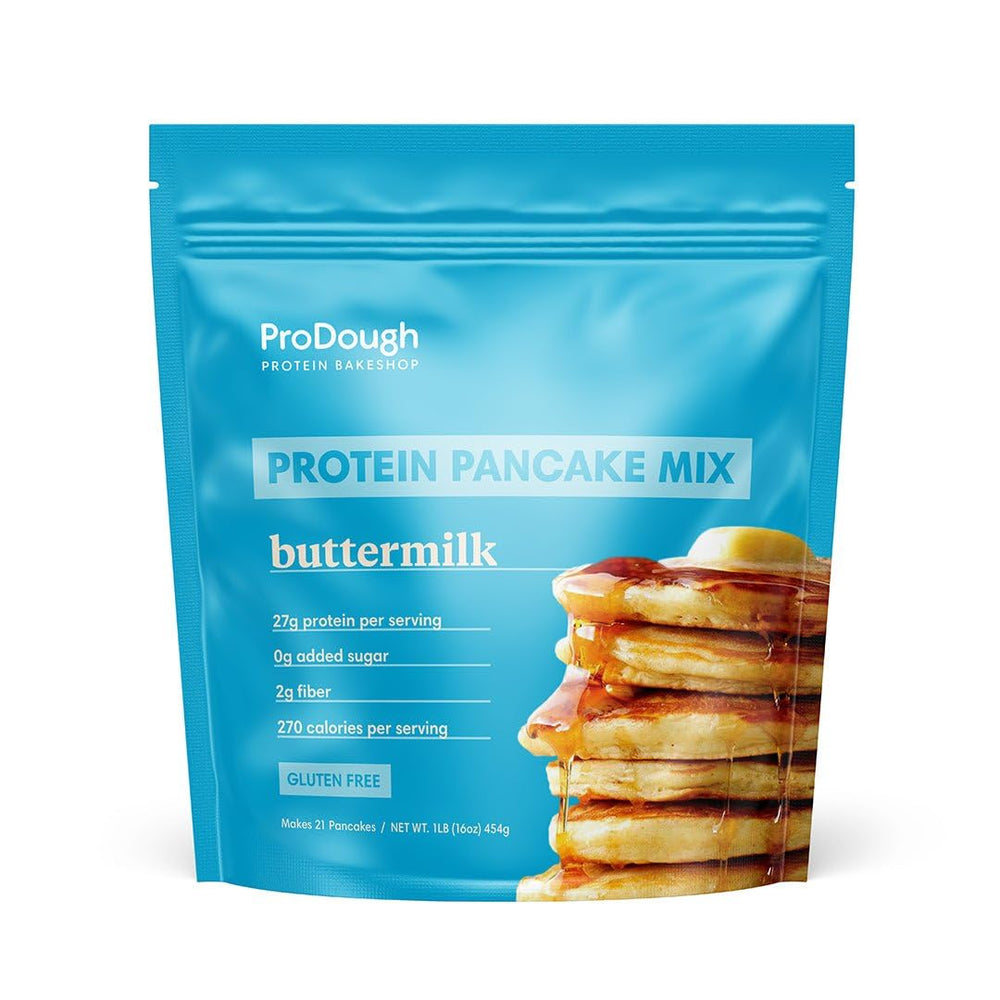 ProDough Protein Bakeshop pancake mix bag shows gluten-free, high-protein breakfast option