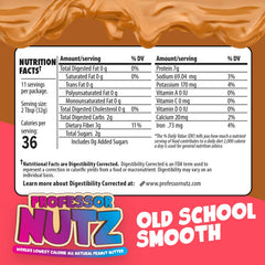 Professor Nutz low-calorie peanut butter label highlighting fiber-rich metabolism support.