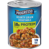 Progresso Protein Hearty Grain Vegetable Soup can label shows 18g protein per serving.