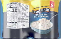 Progresso Rich & Hearty New England Clam Chowder cans in a four-pack for quick meals.