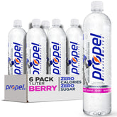 Propel Berry fitness water bottle 1L shows zero calories for workouts.