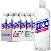 Propel Black Cherry bottle shows zero-calorie hydration with electrolytes for workouts.