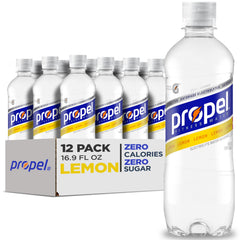 Propel Electrolyte Enhanced Water Lemon bottle for zero-calorie hydration during workouts.