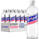 Propel Electrolyte Water bottle with strawberry lemonade for workout hydration.