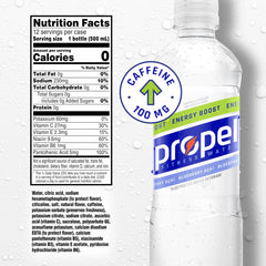 Propel Energy Boost Blueberry Acai label closeup showing electrolytes and caffeine