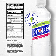 Propel Energy Boost bottle label closeup showing vitamins and caffeine.