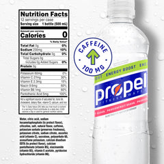 Propel Energy Boost bottle close-up, caffeine boost for focus during workouts.