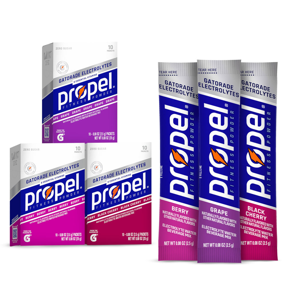 Propel grape packet close-up for zero-calorie hydration with electrolytes.
