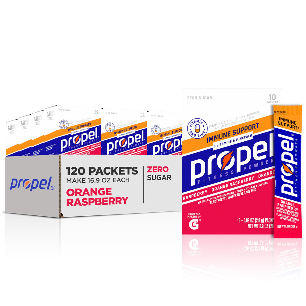 Propel Immune orange-raspberry packet highlighting vitamin C and zinc benefits for hydration