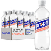 Propel Peach bottle front view for refreshing zero sugar hydration during workouts.