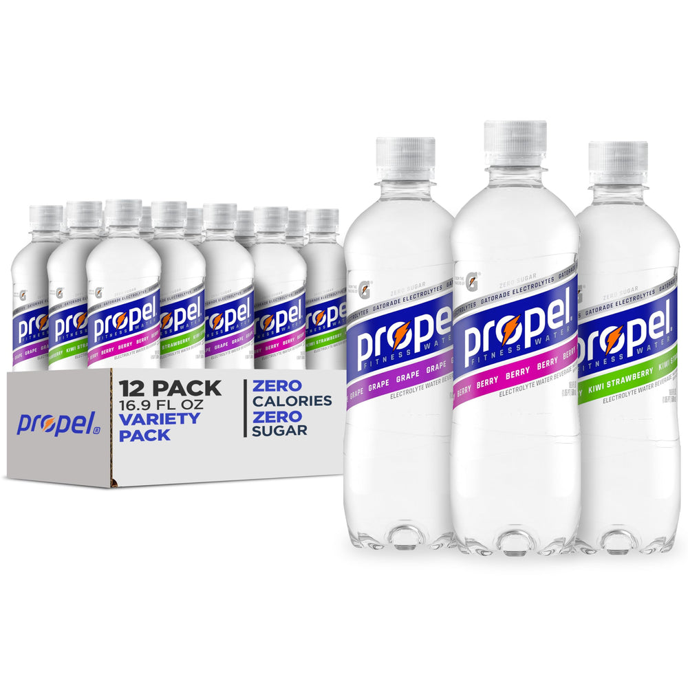 Propel variety-pack 12 bottles for convenient hydration.