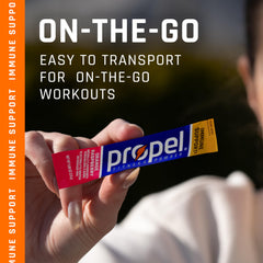 Propel orange-raspberry packet featuring 100% DV vitamin C for daily intake