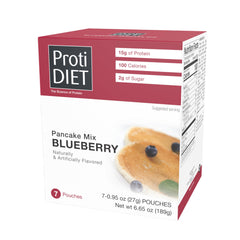 ProtiDIET Blueberry Pancakes box front—high-protein convenience for busy mornings.