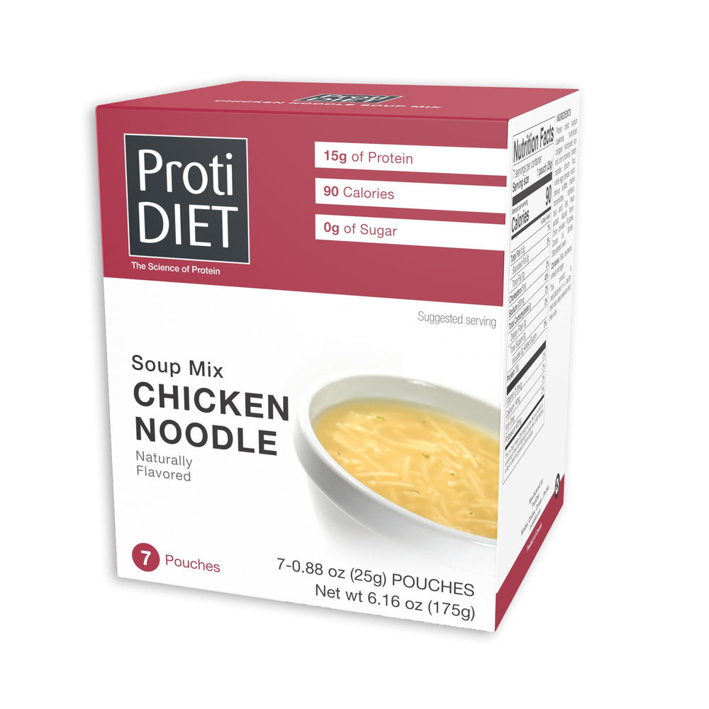 ProtiDIET chicken noodle soup mix in a bowl ready to serve, protein boost.