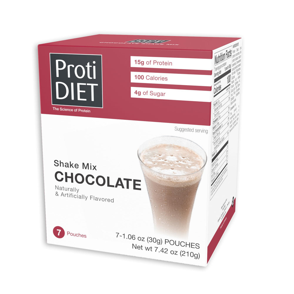 ProtiDIET chocolate protein shake bottle presents a smooth, low-fat option at 100 calories.