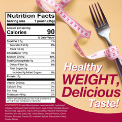 Close-up of ProtiDIET pouch with a scoop of protein-rich mix.