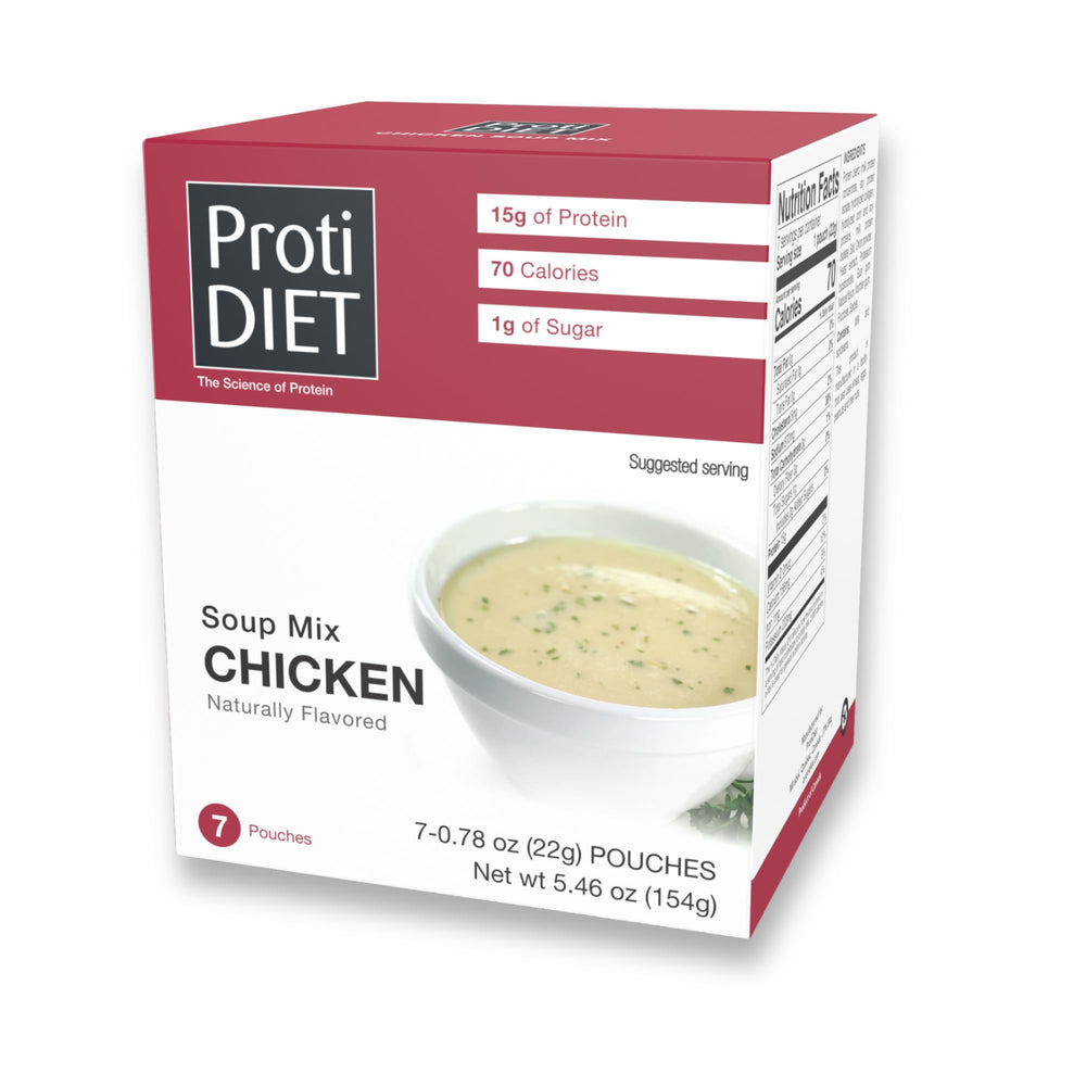 ProtiDIET packaging showing seven convenient protein-packed chicken soup pouches.
