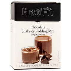 Protifit high-protein pudding serving in cup with rich chocolate flavor, ideal as a snack.