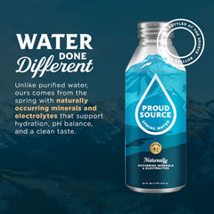 Proud Source Water bottle pour showing smooth flow and thirst-quenching mineral balance.