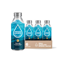 Proud Source Water bottle front view, Rocky Mountain sourced, highlighting purity and eco-friendly materials.