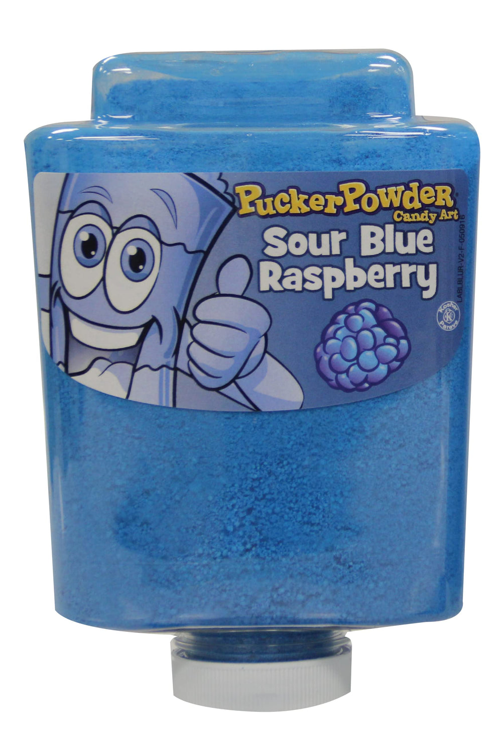 Pucker Powder Sour Blue Raspberry packaging highlights bold blue flavor cue for desserts.