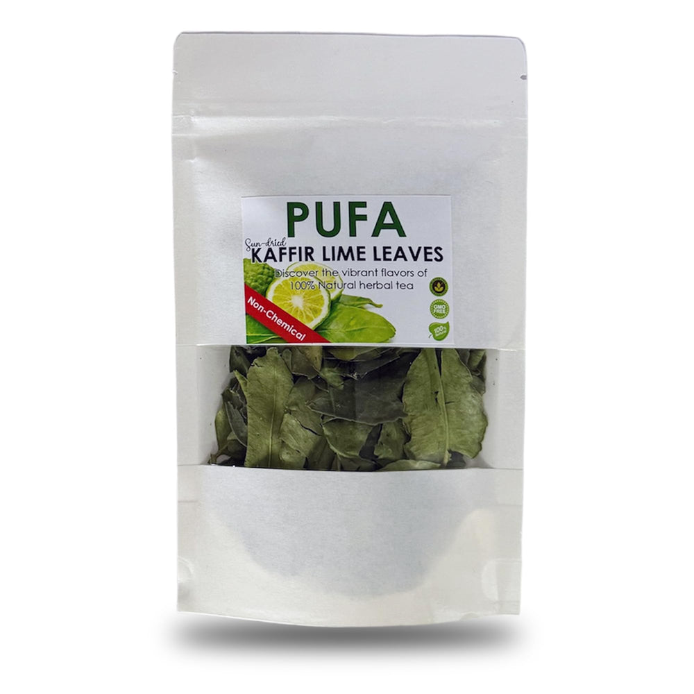 PUFA dried kaffir lime leaves close-up in a resealable bag, preserving fresh aroma for curries and soups.