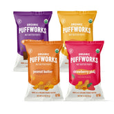 Puffworks four-flavor variety pack box, ideal for on-the-go plant-based snacking.
