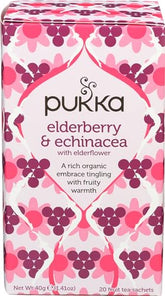 Pukka Elderberry & Echinacea tea bags in a box, caffeine-free comfort.