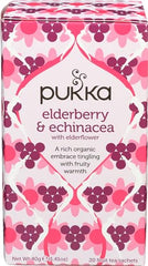 Pukka Elderberry & Echinacea tea bags in a box, caffeine-free comfort.