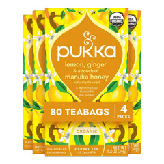 Pukka Lemon Ginger Manuka Honey tea bag resting for a calm moment