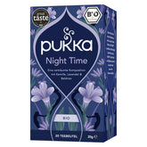 Pukka Night Time tea soothing herbal blend in a mug for calm evenings.