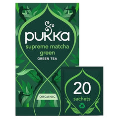 Pukka Supreme Matcha packaging envelope highlighting recyclable, plastic-free packaging.
